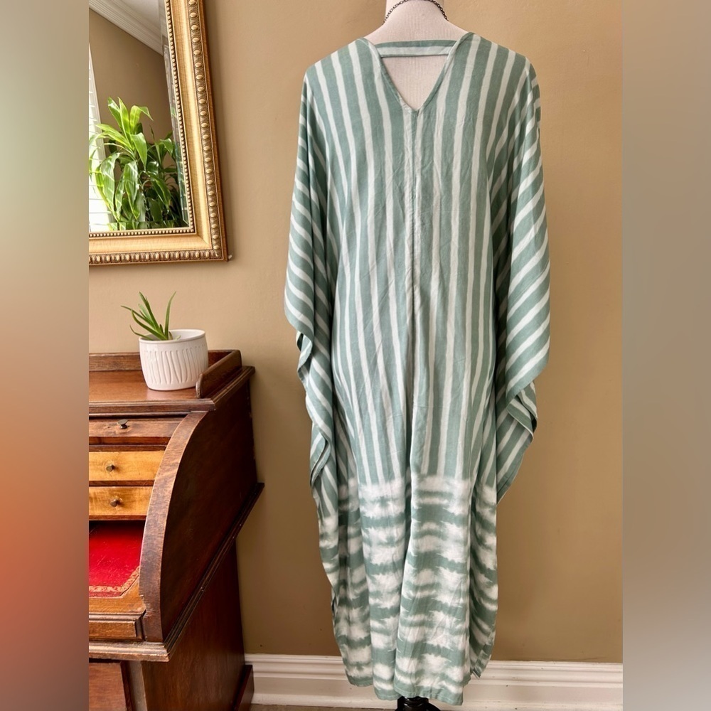 Soft Surroundings Harbor Caftan Kaftan Teal Stripe Beaded Sequin Cover-up Maxi - Picture 6 of 10
